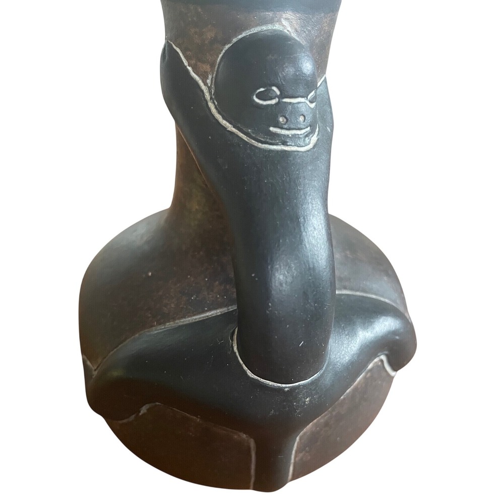Vintage Mexican Folk Art Monkey Handle Pottery Vase Black Clay Green Glaze 5.5" - Picture 3 of 8